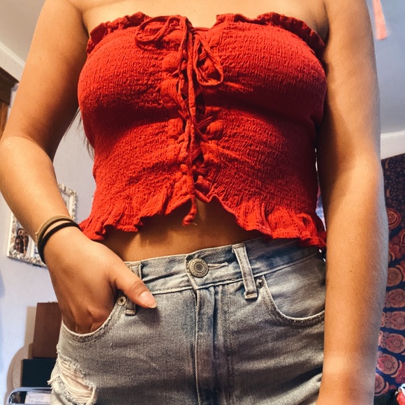 American Eagle Outfitters Tops - ⚡️AMERICAN EAGLE red smocked lace up tube top⚡️